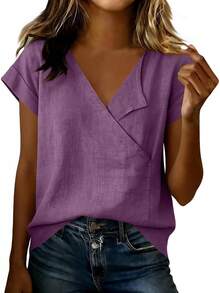 JOAU - Camisetas de algodón y lino para mujer, estilo casual, manga corta, cuello en V, holgadas, ligeras, de gasa - Gris - Ver 9