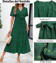 COLIZAMX Vestido Largo para Mujer de Verano con Cuello en V Vestido Elegante de Sólido Manga Corta - Verde oscuro - Ver 5