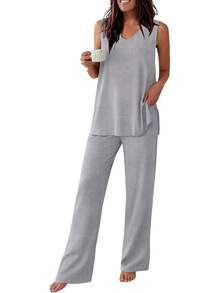 - Conjunto de pijama para mujer, sin mangas, cómodo conjunto de playera sin mangas y pantalones con cuello en V, 2 piezas, S-XXL - Raya gris - Ver 13
