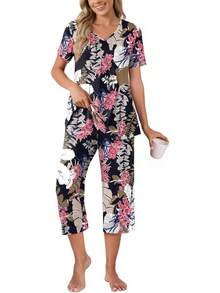 Anyally - Conjunto de pijama de verano para mujer, camisa de manga corta y pantalones capri de 2 piezas, pijama plisado con bolsillos - Plisado color caqui naranja - Ver 32