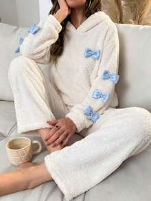 Autumn/Winter Coral Fleece 3D Bow Hooded Cute Ears Sweet Princess Style Long Sleeve Long Pants Pajama Set - White - View 1