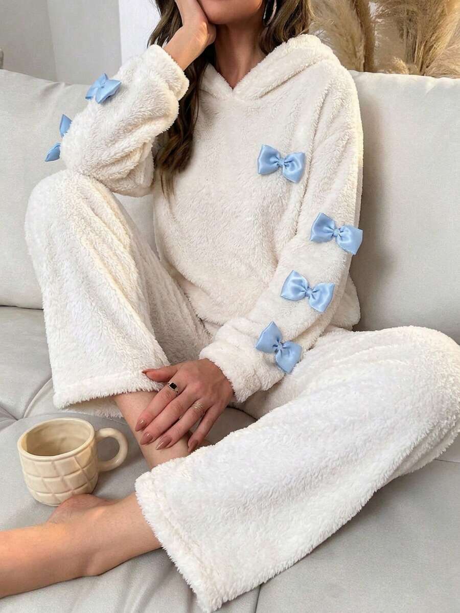 Autumn/Winter Coral Fleece 3D Bow Hooded Cute Ears Sweet Princess Style Long Sleeve Long Pants Pajama Set - White - View 1