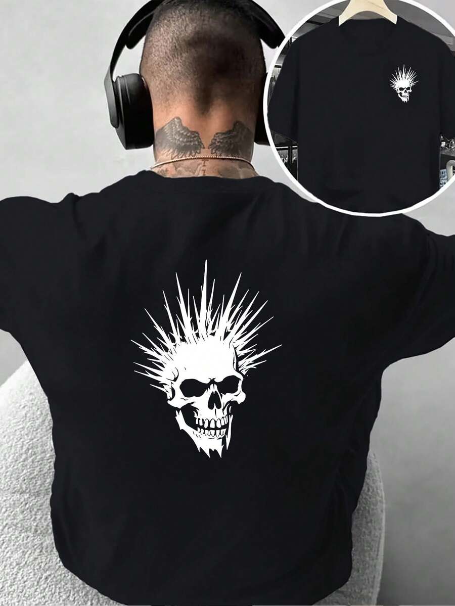 Camiseta de moda para hombre con diseño creativo de doble cara estampado de calaveras: estilo oscuro, genial y único, adecuada para uso diario casual en casa o para actividades de fitness - Negro - Ver 1