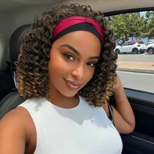 Ombre Brown Headband Wigs Curly For Women 12inch Short Shoulder Length Synthetic Headband Wig For Women Curly Head Band Wig With Headbands Attached Daily Use (1B/27) - 12inch-Curly-1B/27 - 查看 2