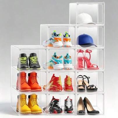 Clear Stackable Shoe Storage Box, Large Sneaker Organizer With Acrylic Magnetic Door, Drop Front Shoe Container Fits Up To Men's Size 12.5