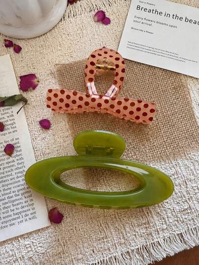 2pcs/1pc Women's Minimalist Pink Polka Dot Bow Hair Claw And Green Oval Hollow Hair Claw, High-End Fashion Hair Claw Hair Accessory, Versatile, Elegant And Simple, Suitable For Daily, Casual, Party, Beach, Vacation, Hairstyle Design, Face Washing/Hair Washing, Makeup, Clothing Accessories, Spring Hair Claw, Summer Hair Claw, Autumn Hair Accessory, Winter Hair Claw