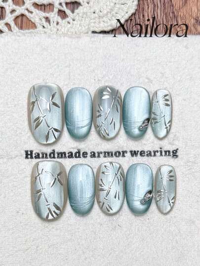 10pcs Handmade Oval Press-On Nails, DIY Acrylic Short Mint Blue Green Cat Eye Metallic Bamboo Joint Asymmetrical Line Rhinestone Studded Fake Nails, Summer Nail Art For Party, Daily, Date, Vacation, Women Girls Gift Nail Supplies
