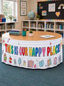 1 pieza - Falda de mesa de aula Happy Place, decoración de mesa colorida de vuelta a la escuela, cubierta elástica de poliéster de spandex para escritorio de profesor, centro de biblioteca y fiesta de bienvenida - Multicolor - Ver 4