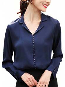 Camisa de manga larga de seda con solapa para mujer, diseño de negocios con hebillas sólidas, cuello en V, blusa delgada - Rojo vino - Ver 9