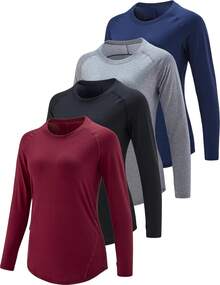 Paquete de 4 camisetas de manga larga para mujer con agujeros para el pulgar, camisetas de entrenamiento atléticas de ajuste seco con cuello redondo - a/Verde Menta/Melocotón Suave/Amarillo Mantequilla - Ver 19