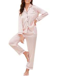 GAESHOW Conjunto de Pijamas de Mujer con Manga Larga de Satén Top Botones y Pantalones Pijama de Seda Ropa de Dormir - Rojo Vino Oscuro - Ver 20