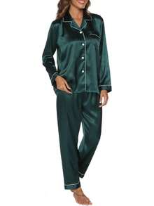 GAESHOW Conjunto de Pijamas de Mujer con Manga Larga de Satén Top Botones y Pantalones Pijama de Seda Ropa de Dormir - Rojo Vino Oscuro - Ver 9