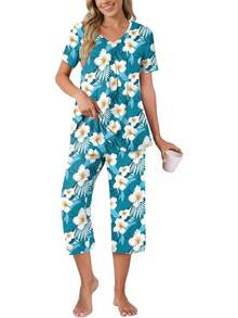 Anyally - Conjunto de pijama de verano para mujer, camisa de manga corta y pantalones capri de 2 piezas, pijama plisado con bolsillos - Mariposa azul plisada - Ver 22