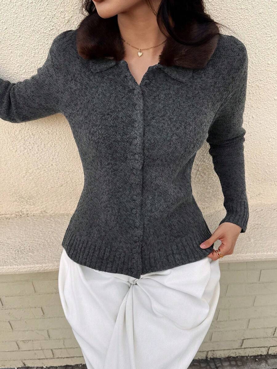 DEEKA 秋冬新款女式歐美風仿毛皮效果翻領針織毛衣外套 - 深灰色1 - 查看 1