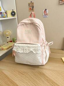 Gingham Spliced Mini Polka Dot Backpack With Lace Ruffle Trim And Side Bow, Lightweight College Student Backpack For Daily Commute & Back-To-School - Multicolor - View 11