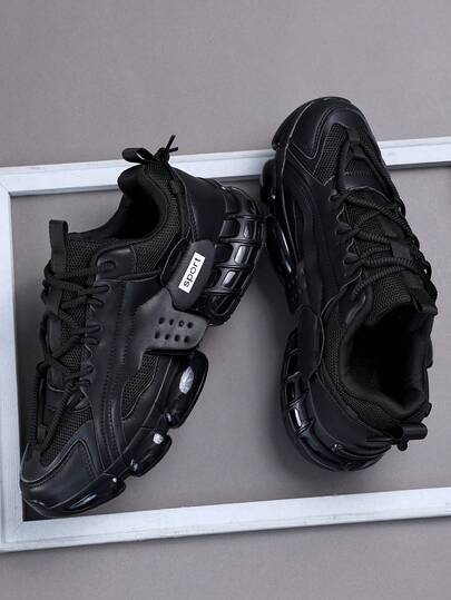Shoes Men's Black Chunky Sneakers, Breathable Mesh Sporty Casual Chunky Sneakers With Shock Absorbing Sole