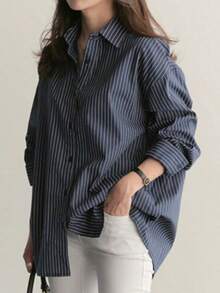 Nueva camisa BF de manga larga con rayas verticales azules veraniegas, estilo universitario, corte holgado, camisa moderna y versátil. - Azul - Ver 7