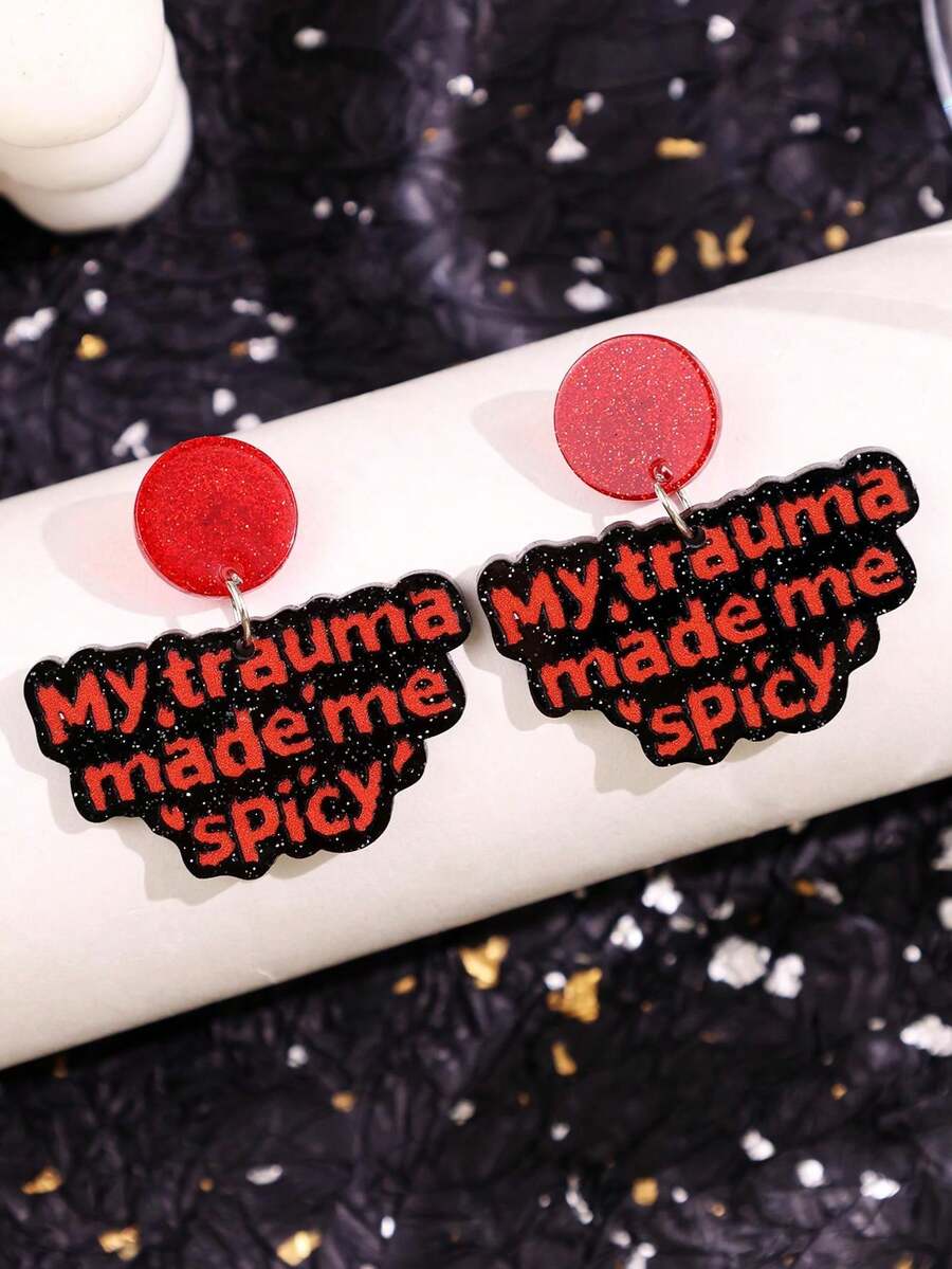 1對獨特趣味個性精緻勵志優雅標語「MY.Trauma Made Me 'spicy'」壓克力耳環 女款日常穿戴飾品 - 彩色 - 查看 1