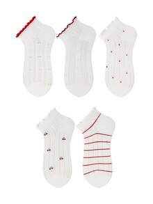 ZUJO 5 pares de calcetines cortos para mujer en blanco y rojo, con patrón de cereza, corazón y rayas, adecuados para todo el año, simples y cómodos, color aleatorio - Multicolor - Ver 5