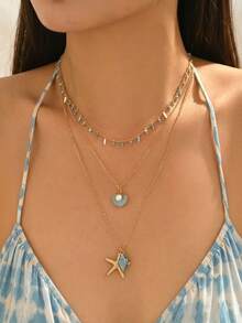 3pcs Bohemian Style Blue & White Beaded Tassel Necklace Set, Summer Ocean Theme Shell & Starfish Pendant Necklace, Daily Wear For Women, Beach Vacation & Date - Multicolor - View 1