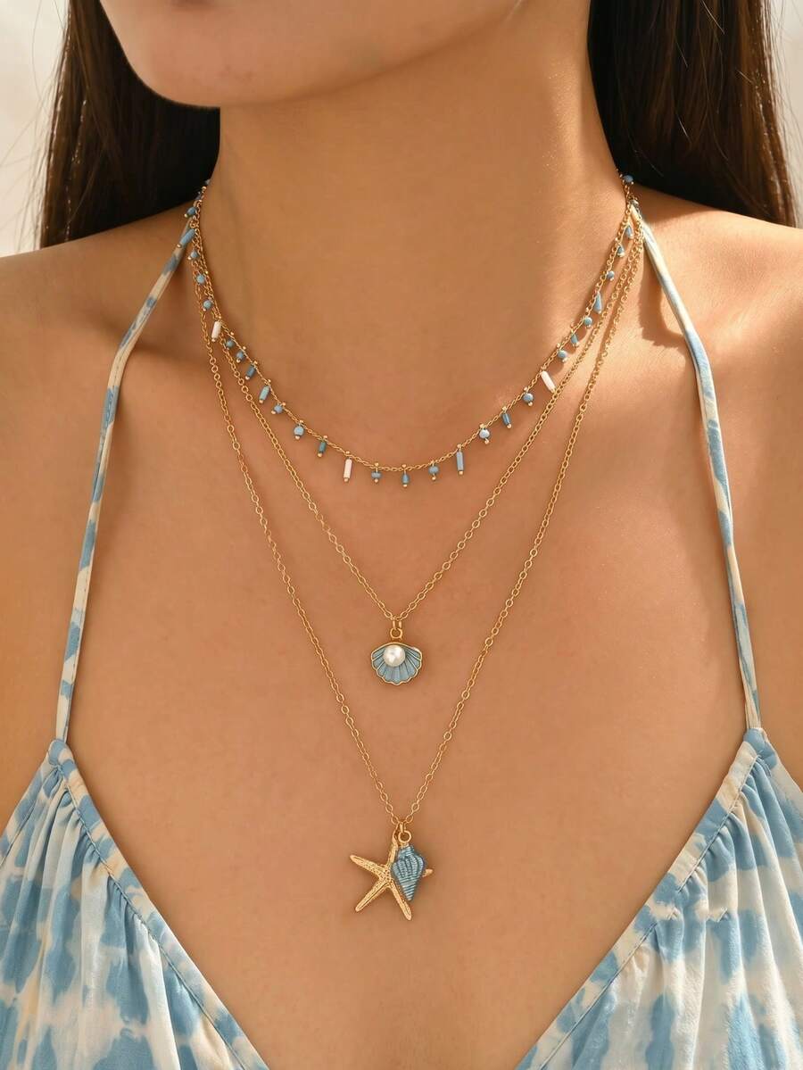 3pcs Bohemian Style Blue & White Beaded Tassel Necklace Set, Summer Ocean Theme Shell & Starfish Pendant Necklace, Daily Wear For Women, Beach Vacation & Date - Multicolor - View 1
