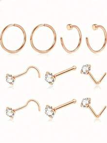 10pcs/Set Assorted Style Nose Rings, Shiny Fashion Nose Piercing Jewelry For Men & Women, L-Shaped, Screw, And Hoop Designs, Low Allergy Stainless Steel Nose Accessories, Suitable For Daily And Holiday Wear - Nose Ornament - View 12