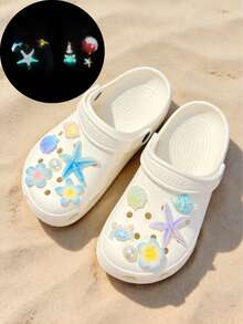12pcs Ocean Series Blue Tone Clog Shoe Charms, Starfish Shell Shoe Accessories, Removable Conch Shell Decorations For Beach Shoes DIY Decor Buckles - Blue and White Starfish - View 1