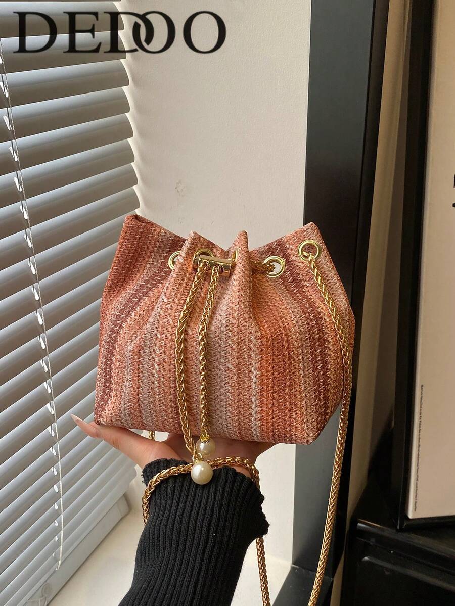 Dedoo Women's Metallic Woven Mini Bucket Crossbody Bag, Gold Chain Drawstring Pearl Decor, Elegant Evening Shoulder Bag, Suitable For Party And Wedding
