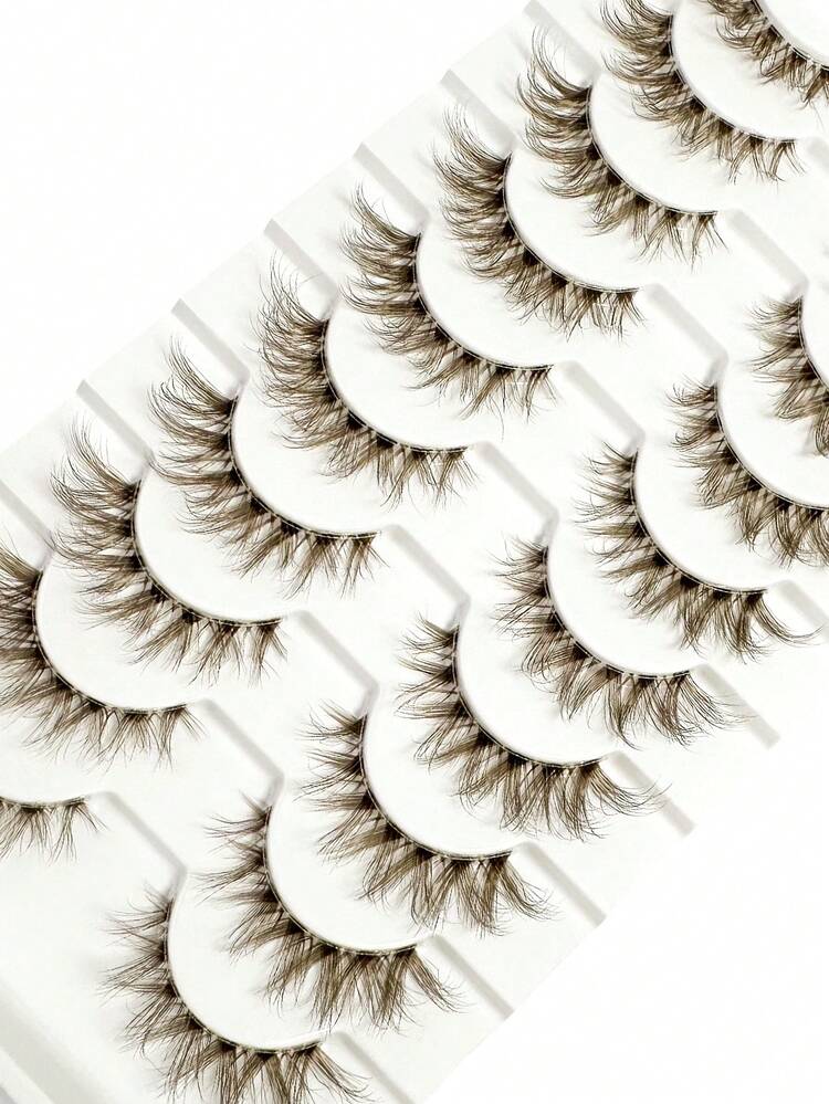 10 Pairs Brown Half-Length Transparent Soft Mermaid Style Natural Fluffy Faux Mink False Eyelashes, Cartoon Style, Suitable For Party, Eid, Gift, Holiday, Beach, Bachelorette Party, Bridal Party - Cat Eye Lashes - View 7