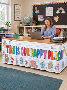 1 pieza - Falda de mesa de aula Happy Place, decoración de mesa colorida de vuelta a la escuela, cubierta elástica de poliéster de spandex para escritorio de profesor, centro de biblioteca y fiesta de bienvenida - Multicolor - Ver 6