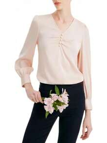 Blusa formal de manga larga con pliegues de seda con cuello en V, manga abullonada para mujer - Pnnrk - Ver 8