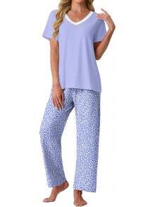 PrinStory - Conjunto de pijama suave de 2 piezas para mujer, conjunto de pijama casual de manga corta con bolsillos - Azul Cristantemo - Ver 11