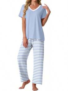 PrinStory - Conjunto de pijama suave de 2 piezas para mujer, conjunto de pijama casual de manga corta con bolsillos - Azul Cristantemo - Ver 20
