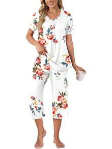 Anyally - Conjunto de pijama de verano para mujer, camisa de manga corta y pantalones capri de 2 piezas, pijama plisado con bolsillos - Oso gris blanco plisado - Ver 13