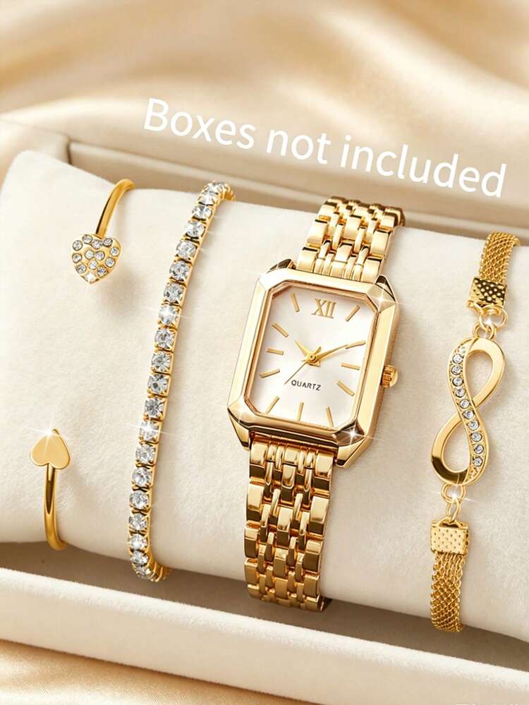 4件組女款金色極簡優雅手錶套組，白色錶盤方形不鏽鋼錶帶石英錶，搭配愛心開口手環、全水鑽細手鍊、無限符號水鑽手鍊，精緻奢華優雅手部飾品，適合畢業、生日送給女性的奢華禮物 - 金色 - 查看 8