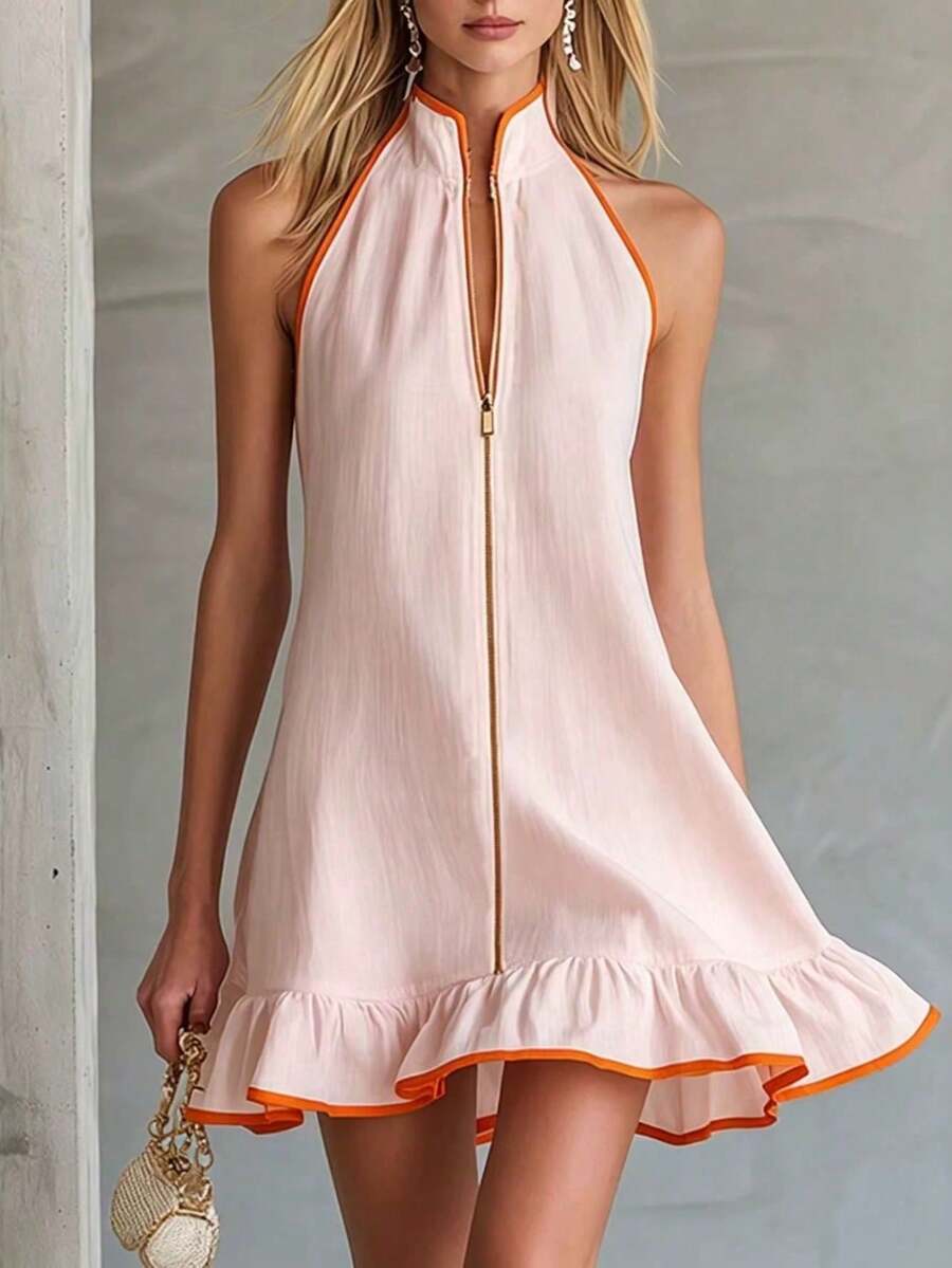 Nuevo vestido de verano 2026 con volantes y sin mangas en la parte inferior - Rosa - Ver 1