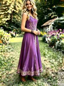 Plus Size Women's Loose Fit Sleeveless V-Neck Dress, Creative Floral Totem Print, Versatile For Spring/Summer Elegant - Purple - View 3
