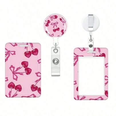 1 Pack (Badge Clip + Card Holder) Cute Sweet Deep Pink Cherry Bow Nurse ID Badge Clip Business Card Holder Snap Multi-Function Minimalist Teacher Badge Reel Retractable Daily Nursing Badge Clip Snap Accessory Personalized Business Vertical ID Card Holder Certificate Protector, Suitable For Teachers, Students, Medical Personnel, Women's Office Wear (Sweet Cherry Pattern)