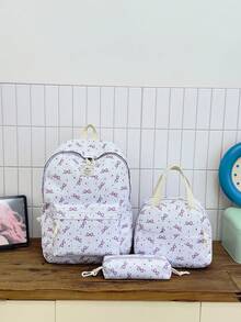 1 Set Back To School Backpack Set - College Style Bow/Floral Pattern Backpack, Includes Backpack, Lunch Bag And Pencil Case, Large Capacity With Laptop Compartment, Adjustable Shoulder Straps And Multiple Pockets, High Capacity School Backpack Set, Multi-Functional Daypack Set, Suitable For Girls/College Students/Graduate Students Daily Use/Vacation/Travel/Back To School - Multicolor - View 16