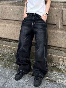 Men's Pocket Versatile Daily Casual Curved Leg Wide Leg Jeans - Black - View 2