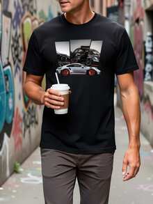 Envío Local - Despacho desde DE/IT/FR/ES/PL - Camiseta Unisex Negra Estampada para Hombre - Ropa Masculina - Estilo Urbano, Cuello Redondo, Manga Corta, Top Casual de Verano, Prenda Esencial, Regalo para Novio o Padre - A - Ver 2