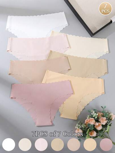 7pcs/Pack-Nude Tone Wavy Edge Seamless Ice Silk Women's Panties, 7 Colors Soft Nude Tones Ultra-Thin Smooth Ice Silk Fabric Skin-Friendly Invisible No-Rolling No-Tightness, Mid-Waist Full Coverage Women's Triangle Panties