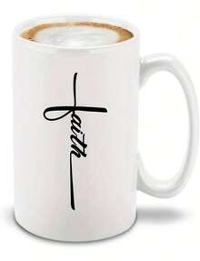 Shopever Faith Christian Ceramic Mug 11Oz - White Scripture Coffee Mug With Cursive Faith Text And Symbol Dishwasher Ava - Blanco - Ver 1