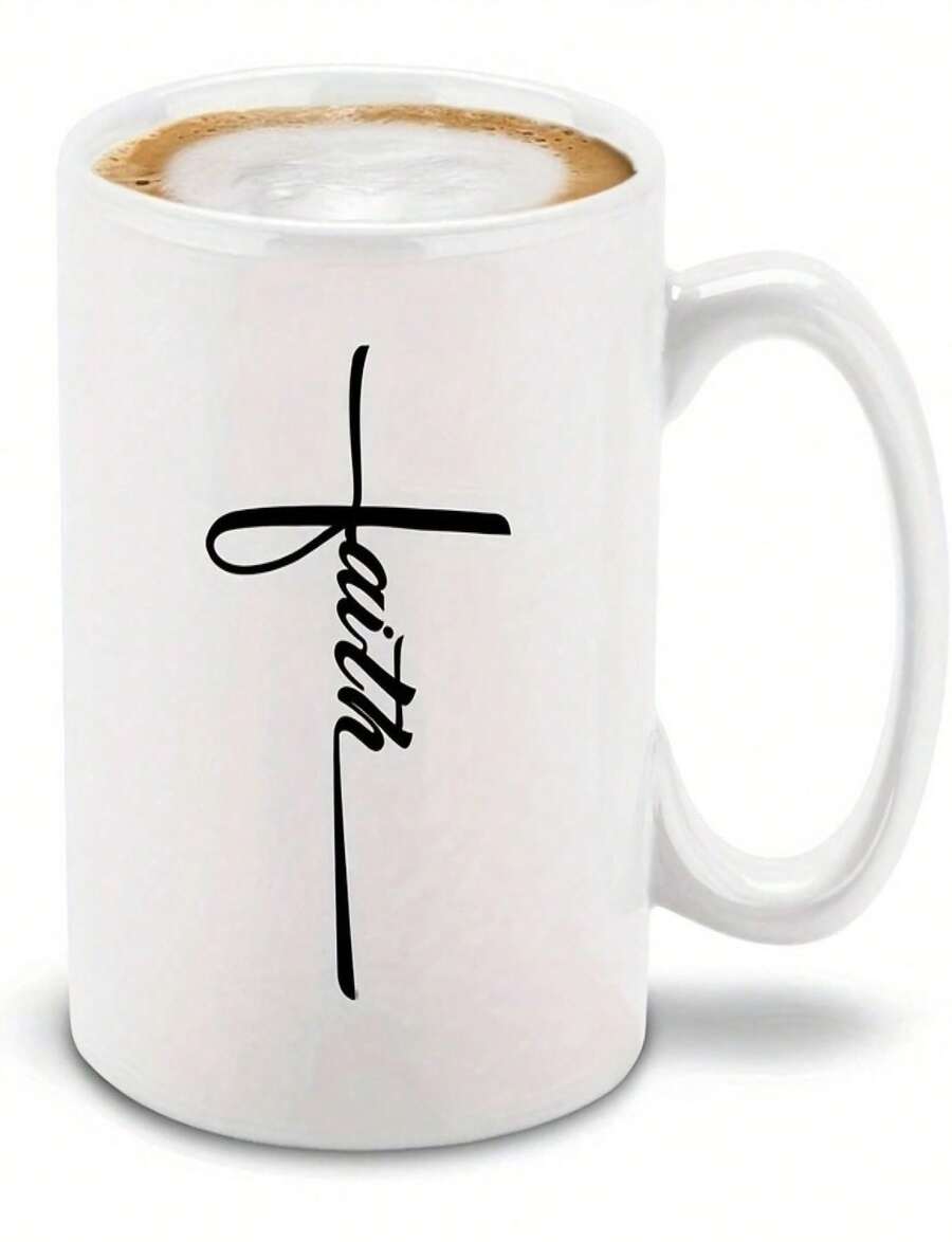 Shopever Faith Christian Ceramic Mug 11Oz - White Scripture Coffee Mug With Cursive Faith Text And Symbol Dishwasher Ava - Blanco - Ver 1