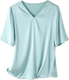 Blusa básica de seda de verano para mujer, elegante, cuello en V, manga corta, color liso, para oficina o dama - Color - Ver 1