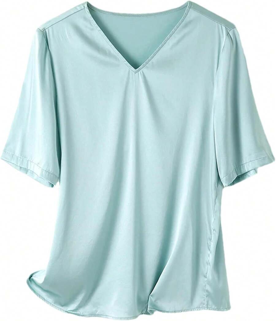 Blusa básica de seda de verano para mujer, elegante, cuello en V, manga corta, color liso, para oficina o dama - Color - Ver 1