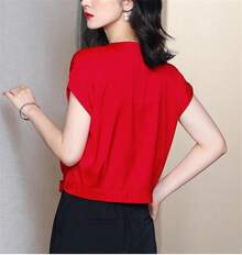 Camisa de verano de manga corta con botones de seda para mujer, con cuello en V, color liso, para oficina y dama, blusa casual - Rojo - - Ver 2