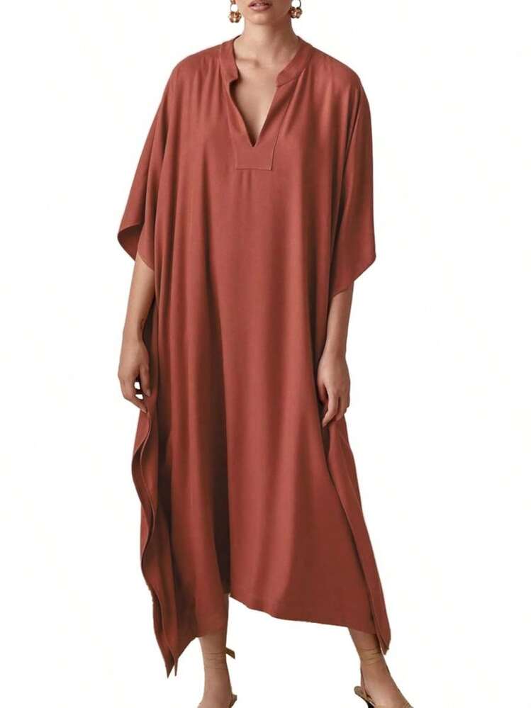 Bsubseach Mujer Vestido de Verano Kaftán para Playa de Seda Cuello en V Manga de Murciélago - Pavo real real B-Green - Añade 1