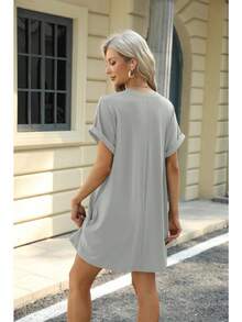 Camiseta Holgada de Manga Corta para Mujer, Vestidos con Bolsillos y Cuello Redondo - Negro - Ver 3