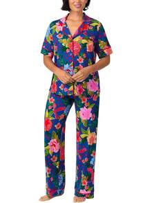 Room Service - Conjunto de pijama para mujer, manga corta, suave, elástico, con botones, pantalones de pierna abierta, juego de descanso de 2 piezas - Flor de tierra azul - Ver 7